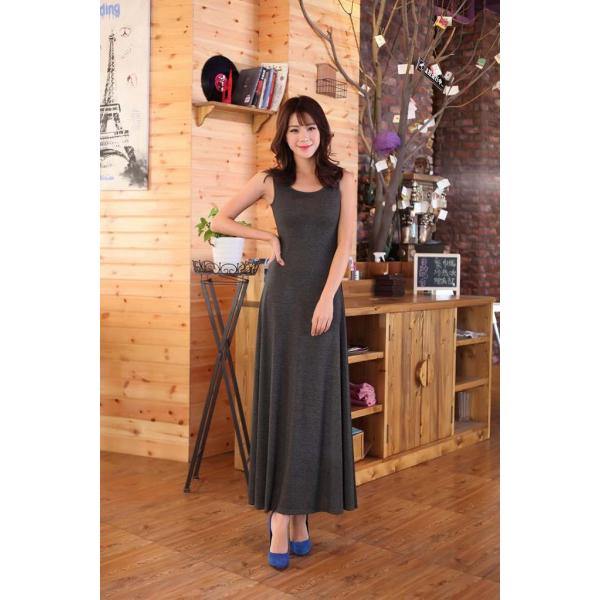 レディース ワンピース ノースリーブ ラウンドネック 無地 マキシ丈 フレア サマードレス スリム カジュアル 大人可愛い フェミニン お出かけ デイリー リゾート ルームウェア ダークグレー オリーブ ネイビー ピンク ブルー ブラック S M 送料無料