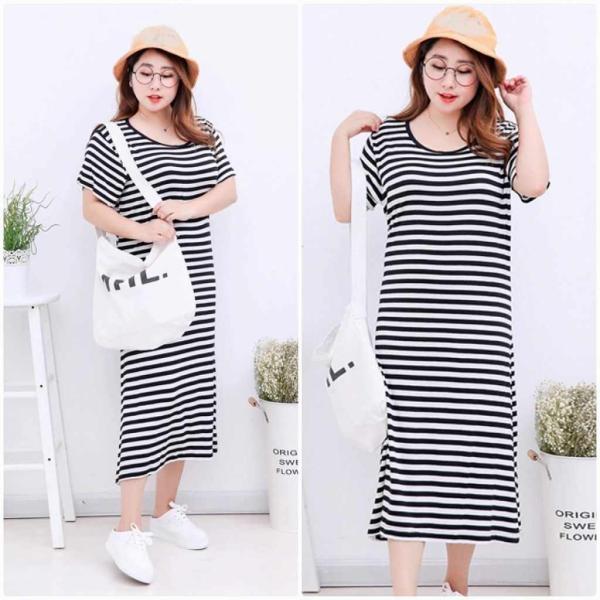 レディース ワンピース ミモレ丈 ボーダー Uネック シンプル 半袖 春 夏 スカート カジュアル キュート 可愛い フェミニン きれいめ 上品 エレガント おしゃれ お出かけ デイリー 普段着 ブラック×ホワイト XL 2XL 大きいサイズ 送料無料