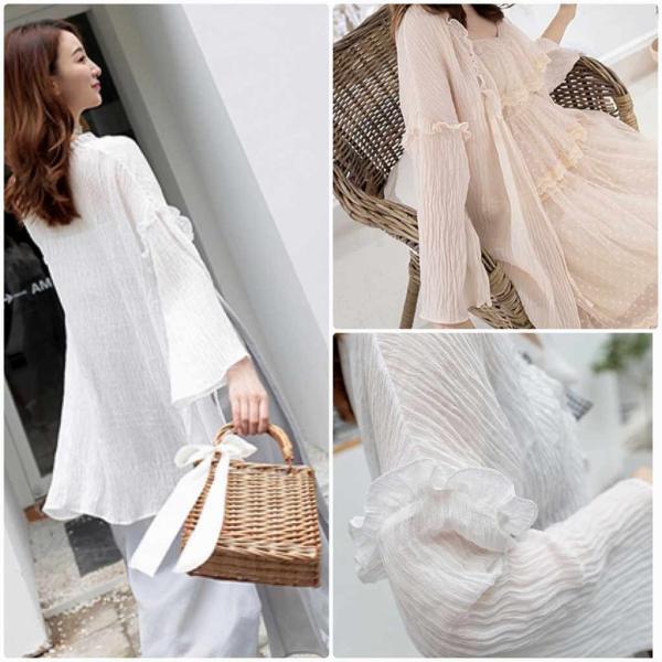 レディース フレアスリーブ ブラウス ロング丈 ボリュームスリーブ シャツ 長袖 春 夏 トップス カジュアル キュート 可愛い フェミニン きれいめ 上品 エレガント おしゃれ お出かけ ベージュ ホワイト フリーサイズ ワンサイズ 送料無料