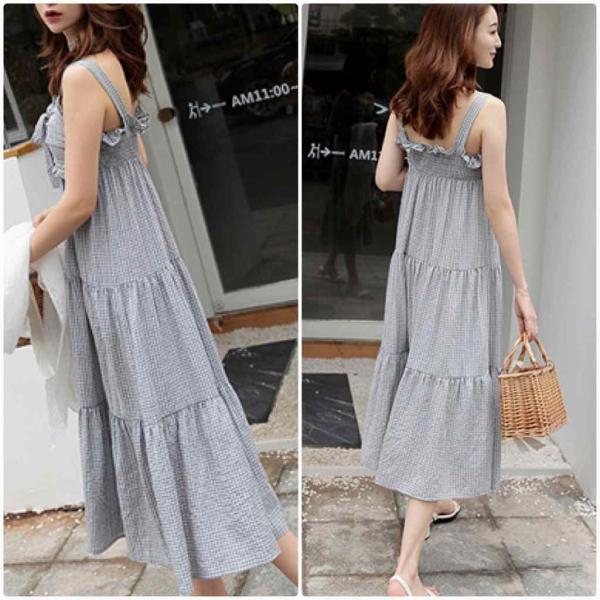 レディース ワンピース ノースリーブ ミモレ丈 ハイウエスト ギンガムチェック柄 春 夏 スカート カジュアル キュート 可愛い フェミニン きれいめ 上品 エレガント おしゃれ お出かけ デイリー 普段着 グレー フリーサイズ ワンサイズ 送料無料