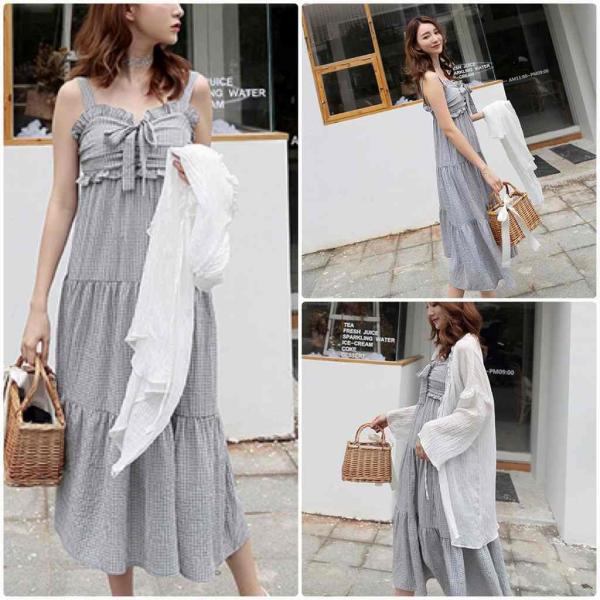 レディース ワンピース ノースリーブ ミモレ丈 ハイウエスト ギンガムチェック柄 春 夏 スカート カジュアル キュート 可愛い フェミニン きれいめ 上品 エレガント おしゃれ お出かけ デイリー 普段着 グレー フリーサイズ ワンサイズ 送料無料