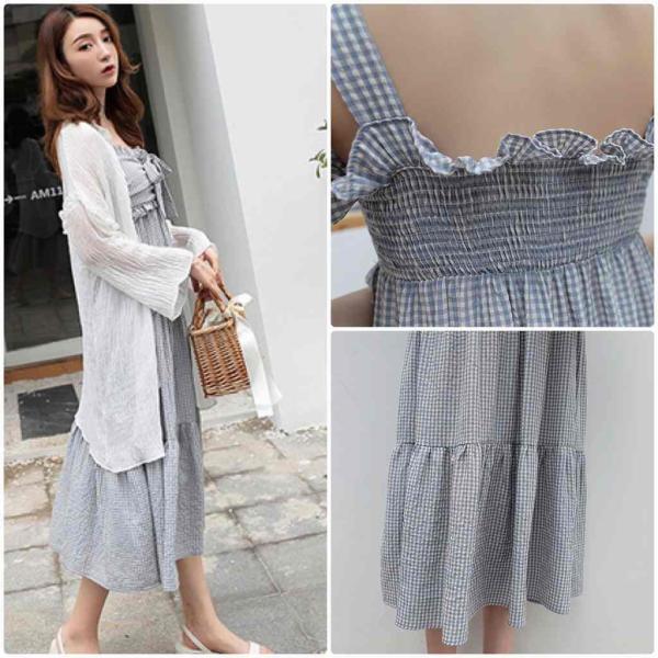 レディース ワンピース ノースリーブ ミモレ丈 ハイウエスト ギンガムチェック柄 春 夏 スカート カジュアル キュート 可愛い フェミニン きれいめ 上品 エレガント おしゃれ お出かけ デイリー 普段着 グレー フリーサイズ ワンサイズ 送料無料