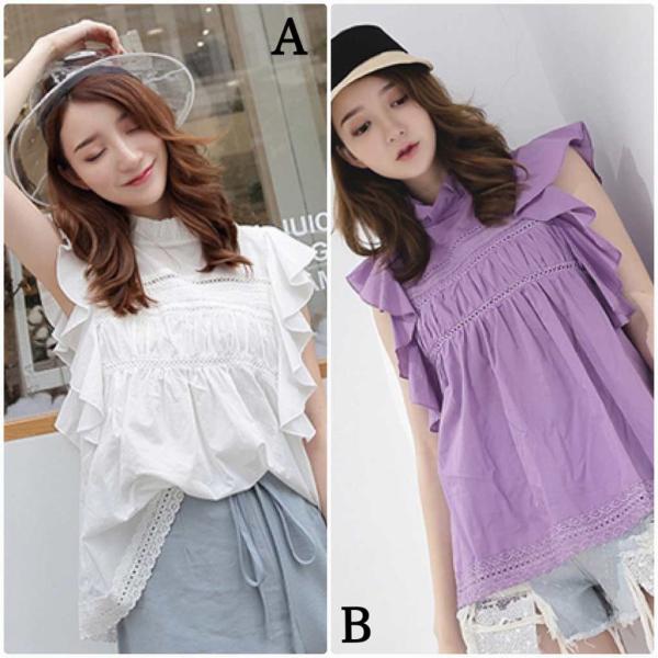 レディース フレア ブラウス ボリュームスリーブ シャツ ノースリーブ 春 夏 トップス カジュアル キュート 可愛い フェミニン きれいめ 上品 エレガント おしゃれ お出かけ パープル ホワイト フリーサイズ ワンサイズ 送料無料
