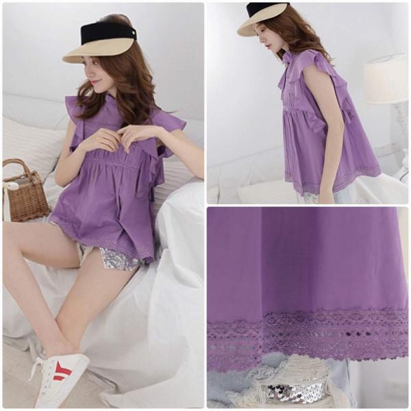 レディース フレア ブラウス ボリュームスリーブ シャツ ノースリーブ 春 夏 トップス カジュアル キュート 可愛い フェミニン きれいめ 上品 エレガント おしゃれ お出かけ パープル ホワイト フリーサイズ ワンサイズ 送料無料