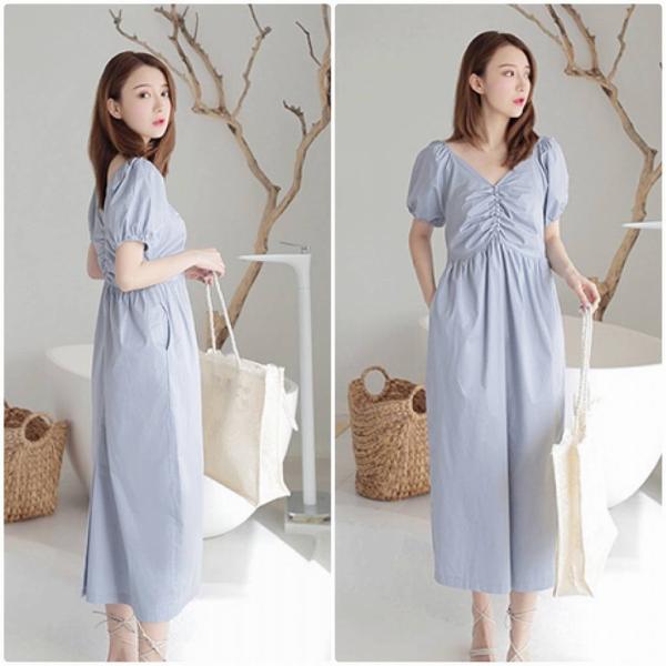 レディース ワンピース Vネック ミモレ丈 ハイウエスト 半袖 パフスリーブ 無地 シンプル 春 夏 スカート カジュアル キュート 可愛い フェミニン きれいめ 上品 エレガント おしゃれ お出かけ デイリー 普段着 ブルー フリーサイズ 送料無料