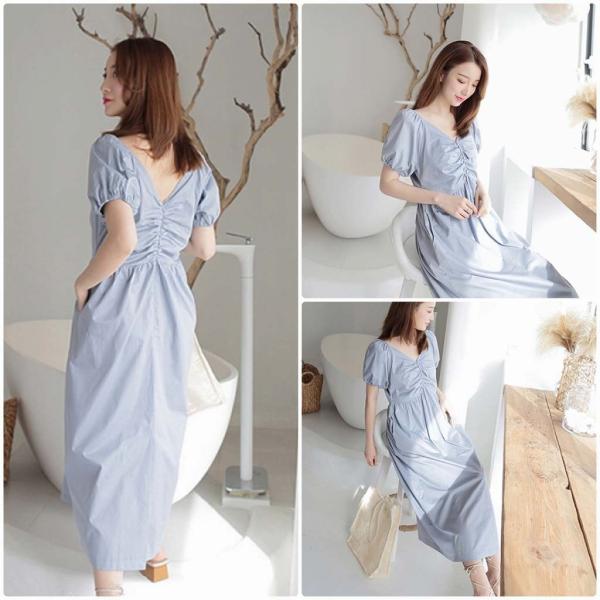 レディース ワンピース Vネック ミモレ丈 ハイウエスト 半袖 パフスリーブ 無地 シンプル 春 夏 スカート カジュアル キュート 可愛い フェミニン きれいめ 上品 エレガント おしゃれ お出かけ デイリー 普段着 ブルー フリーサイズ 送料無料