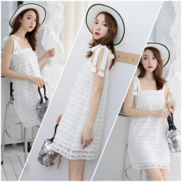 レディース ワンピース 肩紐 ショルダーリボン 肩出し 肩見せ ミニ丈 レース シンプル 春 夏 スカート カジュアル キュート 可愛い フェミニン きれいめ 上品 エレガント おしゃれ お出かけ デイリー 普段着 ホワイト S M L サイズ 送料無料