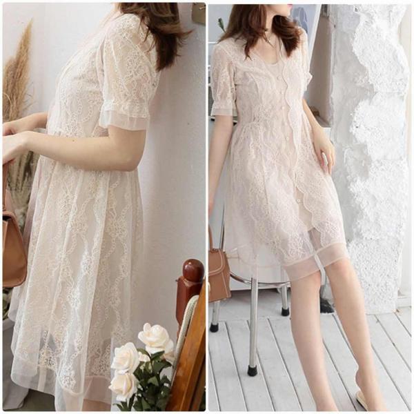 レディース ワンピース キャンディスリーブ 総レース 透け感 透け素材 シンプル 春 夏 スカート カジュアル キュート 可愛い フェミニン きれいめ 上品 エレガント おしゃれ お出かけ デイリー 普段着 ベージュ S M L サイズ 送料無料