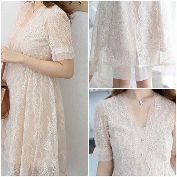 レディース ワンピース キャンディスリーブ 総レース 透け感 透け素材 シンプル 春 夏 スカート カジュアル キュート 可愛い フェミニン きれいめ 上品 エレガント おしゃれ お出かけ デイリー 普段着 ベージュ S M L サイズ 送料無料