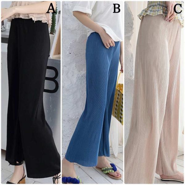 レディース ワイドレッグパンツ 無地 プリーツ シンプル ボトムス カジュアル キュート 可愛い フェミニン きれいめ エレガント おしゃれ お出かけ デイリー オフィス 普段着 ブラック ブルー ベージュ フリーサイズ ワンサイズ 送料無料