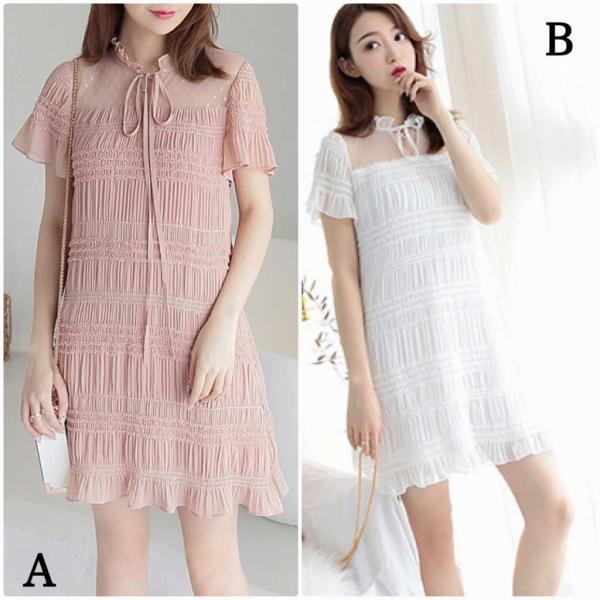 レディース ワンピース フレアスリーブ 首元リボン ミニ丈 半袖 透け感 透け素材 春 夏 スカート カジュアル キュート 可愛い フェミニン きれいめ 上品 エレガント おしゃれ お出かけ デイリー 普段着 ホワイト ピンク S M L サイズ 送料無料
