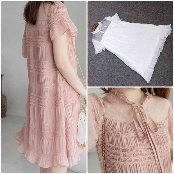 レディース ワンピース フレアスリーブ 首元リボン ミニ丈 半袖 透け感 透け素材 春 夏 スカート カジュアル キュート 可愛い フェミニン きれいめ 上品 エレガント おしゃれ お出かけ デイリー 普段着 ホワイト ピンク S M L サイズ 送料無料