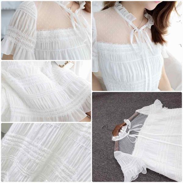 レディース ワンピース フレアスリーブ 首元リボン ミニ丈 半袖 透け感 透け素材 春 夏 スカート カジュアル キュート 可愛い フェミニン きれいめ 上品 エレガント おしゃれ お出かけ デイリー 普段着 ホワイト ピンク S M L サイズ 送料無料