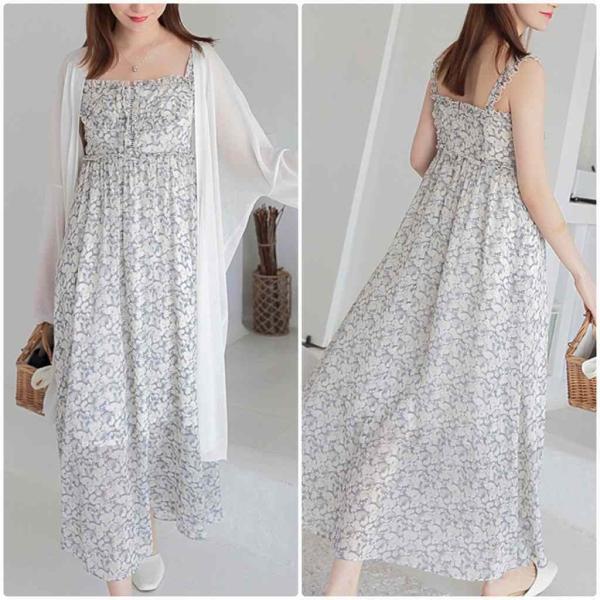レディース ワンピース シフォン ハイウエスト マキシ丈 ロング丈 花柄 肩紐 春 夏 スカート カジュアル キュート 可愛い フェミニン きれいめ 上品 エレガント おしゃれ お出かけ デイリー 普段着 グレー S M L サイズ 送料無料