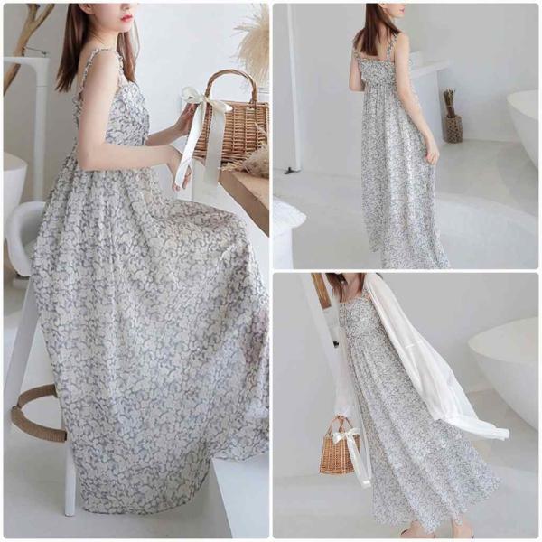 レディース ワンピース シフォン ハイウエスト マキシ丈 ロング丈 花柄 肩紐 春 夏 スカート カジュアル キュート 可愛い フェミニン きれいめ 上品 エレガント おしゃれ お出かけ デイリー 普段着 グレー S M L サイズ 送料無料