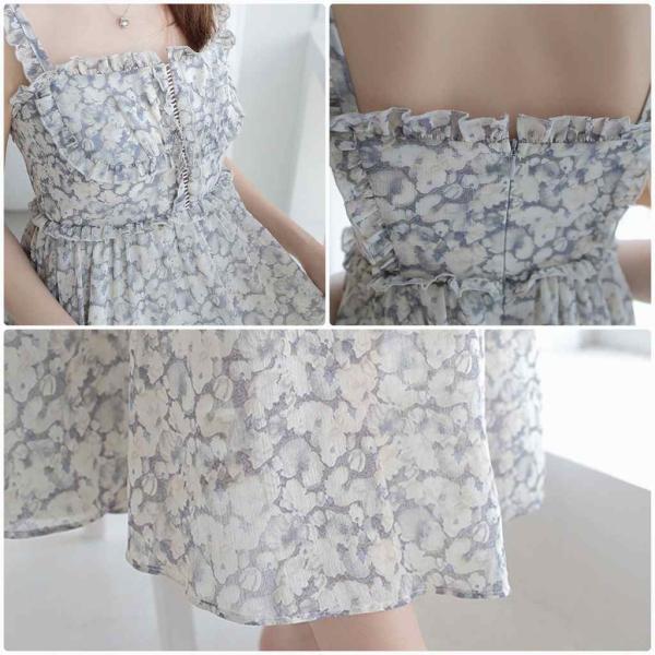 レディース ワンピース シフォン ハイウエスト マキシ丈 ロング丈 花柄 肩紐 春 夏 スカート カジュアル キュート 可愛い フェミニン きれいめ 上品 エレガント おしゃれ お出かけ デイリー 普段着 グレー S M L サイズ 送料無料