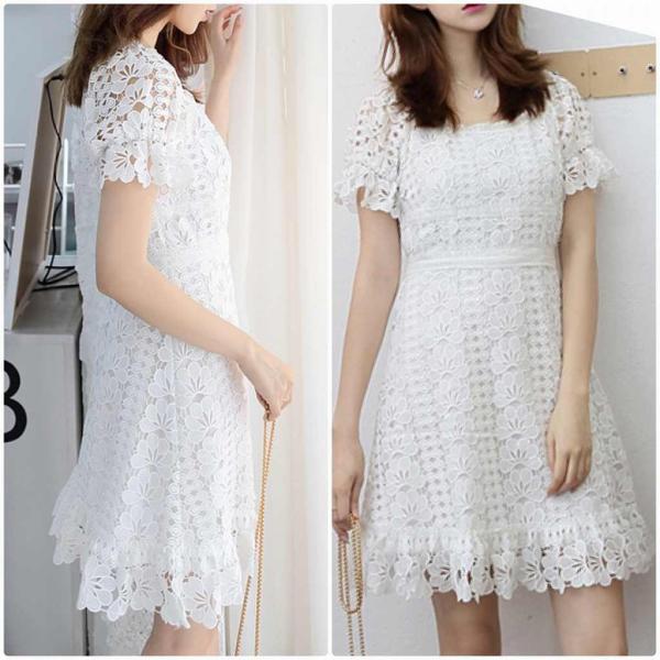 レディース ワンピース 総レース ハイウエスト ミニ丈 キャンディスリーブ 春 夏 スカート カジュアル キュート 可愛い フェミニン きれいめ 上品 エレガント おしゃれ お出かけ お呼ばれ パーティードレス ホワイト S M L サイズ 送料無料