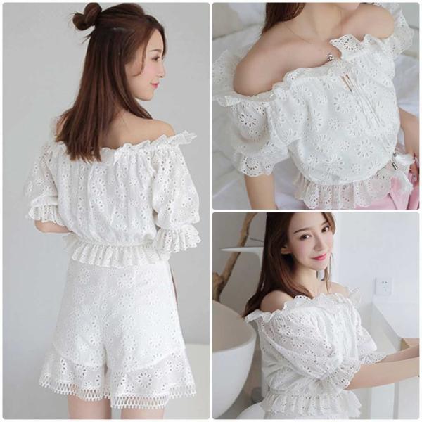 レディース スカラップ 肩出し 肩見せ オフショルダー ブラウス シャツ キャンディスリーブ 春 夏 トップス カジュアル キュート 可愛い フェミニン きれいめ 上品 エレガント おしゃれ お出かけ ホワイト S M L サイズ 送料無料