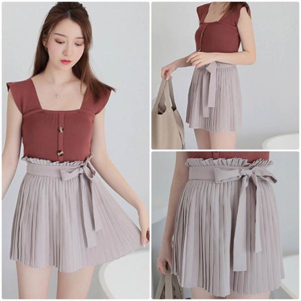 レディース プリーツスカート ミニ丈 ベルト リボン ハイウエスト 春 夏 ボトムス カジュアル キュート 大人 可愛い フェミニン きれいめ おしゃれ お出かけ デイリー 二次会 お呼ばれ グレー S M L サイズ 送料無料