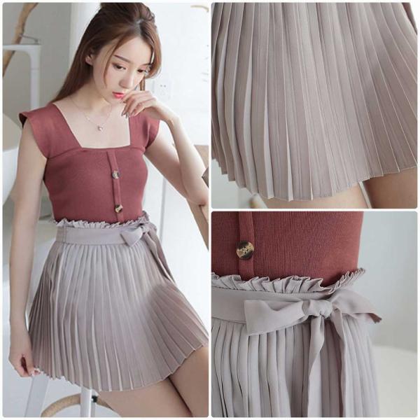 レディース プリーツスカート ミニ丈 ベルト リボン ハイウエスト 春 夏 ボトムス カジュアル キュート 大人 可愛い フェミニン きれいめ おしゃれ お出かけ デイリー 二次会 お呼ばれ グレー S M L サイズ 送料無料