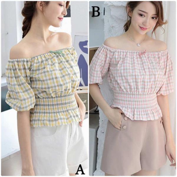 レディース チェック柄 ブラウス 胸元リボン ボートネック シャツ パフスリーブ 春 夏 トップス カジュアル キュート 可愛い フェミニン きれいめ 上品 エレガント おしゃれ お出かけ イエロー ピンク フリーサイズ ワンサイズ 送料無料