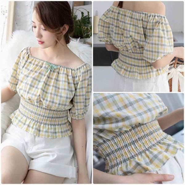 レディース チェック柄 ブラウス 胸元リボン ボートネック シャツ パフスリーブ 春 夏 トップス カジュアル キュート 可愛い フェミニン きれいめ 上品 エレガント おしゃれ お出かけ イエロー ピンク フリーサイズ ワンサイズ 送料無料