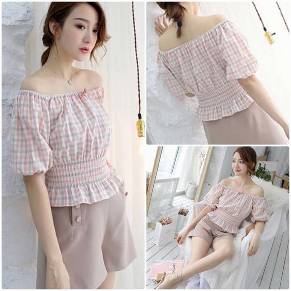 レディース チェック柄 ブラウス 胸元リボン ボートネック シャツ パフスリーブ 春 夏 トップス カジュアル キュート 可愛い フェミニン きれいめ 上品 エレガント おしゃれ お出かけ イエロー ピンク フリーサイズ ワンサイズ 送料無料