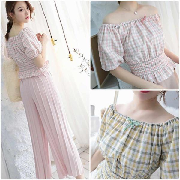 レディース チェック柄 ブラウス 胸元リボン ボートネック シャツ パフスリーブ 春 夏 トップス カジュアル キュート 可愛い フェミニン きれいめ 上品 エレガント おしゃれ お出かけ イエロー ピンク フリーサイズ ワンサイズ 送料無料