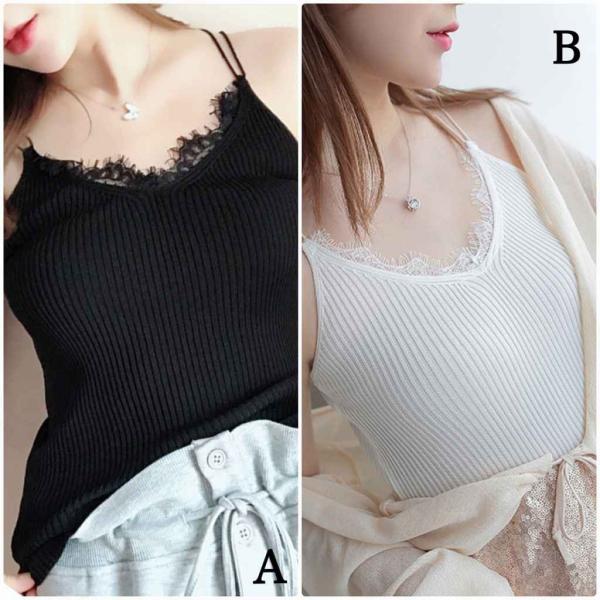 レディース キャミソール ノースリーブ レース 肩紐 ニット カットソー 無地 シンプル 夏 春 トップス カジュアル キュート 大人 可愛い フェミニン おしゃれ お出かけ 普段着 デイリー ホワイト ブラック フリーサイズ ワンサイズ 送料無料