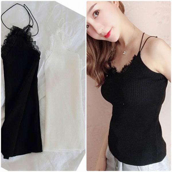 レディース キャミソール ノースリーブ レース 肩紐 ニット カットソー 無地 シンプル 夏 春 トップス カジュアル キュート 大人 可愛い フェミニン おしゃれ お出かけ 普段着 デイリー ホワイト ブラック フリーサイズ ワンサイズ 送料無料