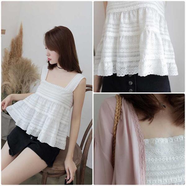 レディース ブラウス 肩紐 レース フレア キャミソール タンクトップ 春 夏 トップス カジュアル キュート 可愛い フェミニン きれいめ 上品 エレガント おしゃれ お出かけ ホワイト S M サイズ 送料無料
