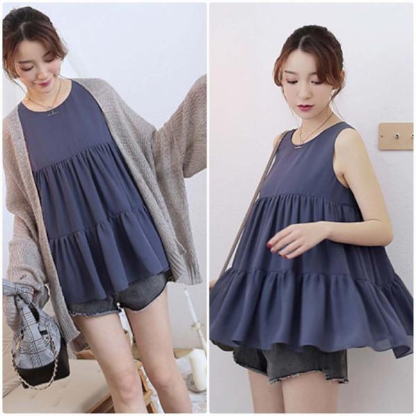 レディース シフォン チュニック ノースリーブ ロング丈 ブラウス 肩紐 フレア 春 夏 トップス カジュアル キュート 可愛い フェミニン きれいめ 上品 エレガント おしゃれ お出かけ ネイビー フリーサイズ ワンサイズ 送料無料