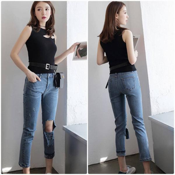 レディース デニムパンツ クロップド 半端丈 ダメージ クラッシュ加工 ジーパン ジーンズ ボトムス カジュアル キュート 可愛い フェミニン きれいめ おしゃれ お出かけ デイリー 普段着 ブルー S M L XL サイズ 送料無料