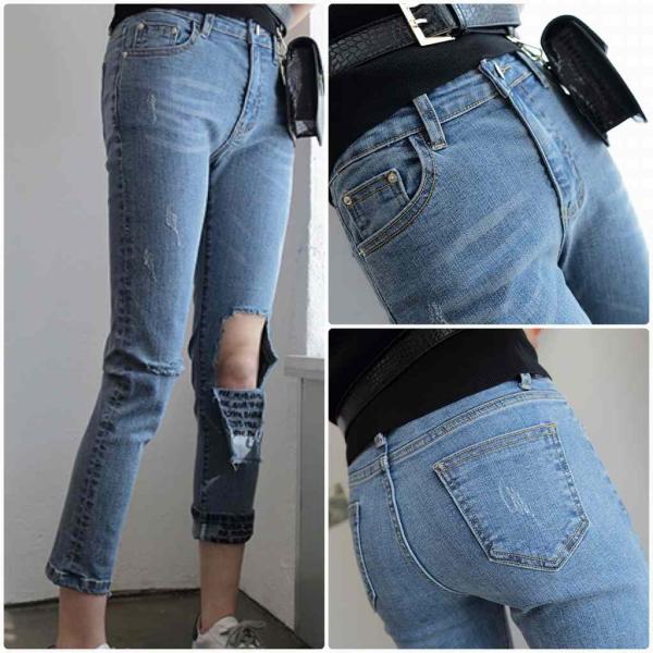 レディース デニムパンツ クロップド 半端丈 ダメージ クラッシュ加工 ジーパン ジーンズ ボトムス カジュアル キュート 可愛い フェミニン きれいめ おしゃれ お出かけ デイリー 普段着 ブルー S M L XL サイズ 送料無料
