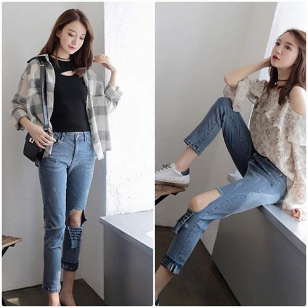レディース デニムパンツ クロップド 半端丈 ダメージ クラッシュ加工 ジーパン ジーンズ ボトムス カジュアル キュート 可愛い フェミニン きれいめ おしゃれ お出かけ デイリー 普段着 ブルー S M L XL サイズ 送料無料