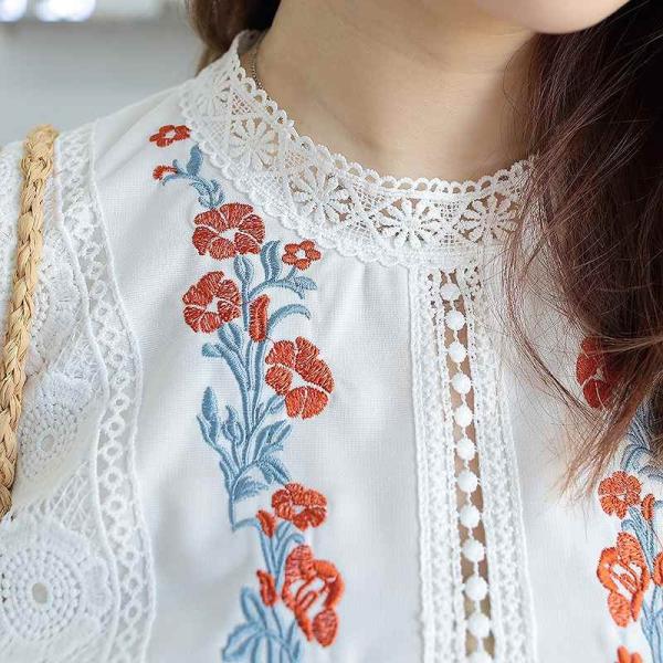 レディース スカラップ シフォン ブラウス レース 刺繍 花柄 ノースリーブ シャツ 春 夏 トップス カジュアル キュート 可愛い フェミニン きれいめ 上品 おしゃれ お出かけ オフィス デート デイリー ホワイト ブラック フリーサイズ 送料無料