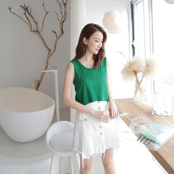レディース カットソー ノースリーブ ニット シンプル タイト スリム 春 夏 トップス カジュアル キュート 大人 可愛い フェミニン おしゃれ お出かけ オフィス デイリー 普段着 グリーン ホワイト フリーサイズ ワンサイズ 送料無料