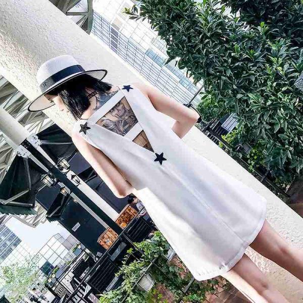 レディース ワンピース Vネック 星柄 シンプル ミニ丈 ノースリーブ 春 夏 スカート カジュアル キュート 可愛い フェミニン きれいめ 上品 エレガント おしゃれ お出かけ お呼ばれ ホワイト S M L サイズ 送料無料