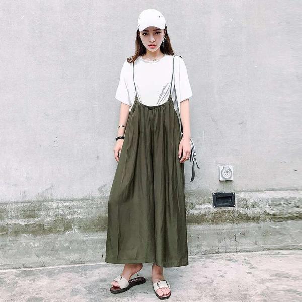 レディース サロペット シフォン スカート風 オールインワン オーバーオール ワイドレッグパンツ 肩紐 ボトムス カジュアル キュート 可愛い フェミニン おしゃれ お出かけ デイリー 普段着 春 夏 オリーブ S M L サイズ 送料無料
