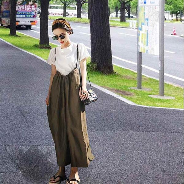 レディース サロペット シフォン スカート風 オールインワン オーバーオール ワイドレッグパンツ 肩紐 ボトムス カジュアル キュート 可愛い フェミニン おしゃれ お出かけ デイリー 普段着 春 夏 オリーブ S M L サイズ 送料無料
