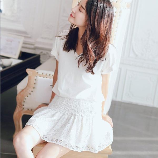 レディース ワンピース Vネック Tシャツワンピース 無地 シンプル レース 半袖 春 夏 スカート カジュアル キュート 可愛い フェミニン きれいめ 上品 エレガント おしゃれ お出かけ お呼ばれ 清楚 ホワイト S M L サイズ 送料無料