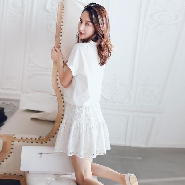 レディース ワンピース Vネック Tシャツワンピース 無地 シンプル レース 半袖 春 夏 スカート カジュアル キュート 可愛い フェミニン きれいめ 上品 エレガント おしゃれ お出かけ お呼ばれ 清楚 ホワイト S M L サイズ 送料無料
