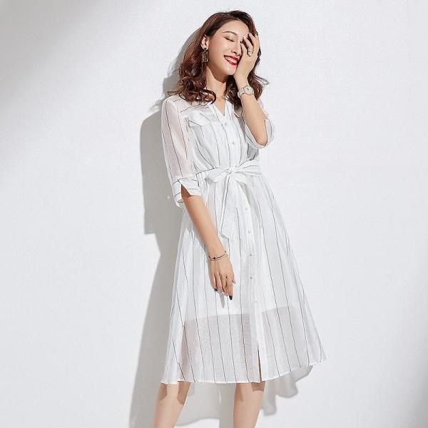 レディース シャツワンピース 五分袖 ミディ丈 ひざ下丈 Vネック ストライプ 春 夏 スカート カジュアル キュート 可愛い フェミニン きれいめ 上品 エレガント おしゃれ お出かけ お呼ばれ ホワイト ブラック S M L XL サイズ 送料無料