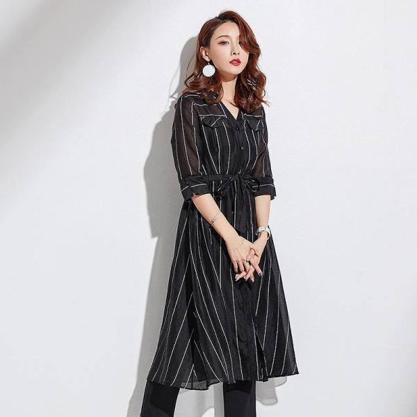 レディース シャツワンピース 五分袖 ミディ丈 ひざ下丈 Vネック ストライプ 春 夏 スカート カジュアル キュート 可愛い フェミニン きれいめ 上品 エレガント おしゃれ お出かけ お呼ばれ ホワイト ブラック S M L XL サイズ 送料無料