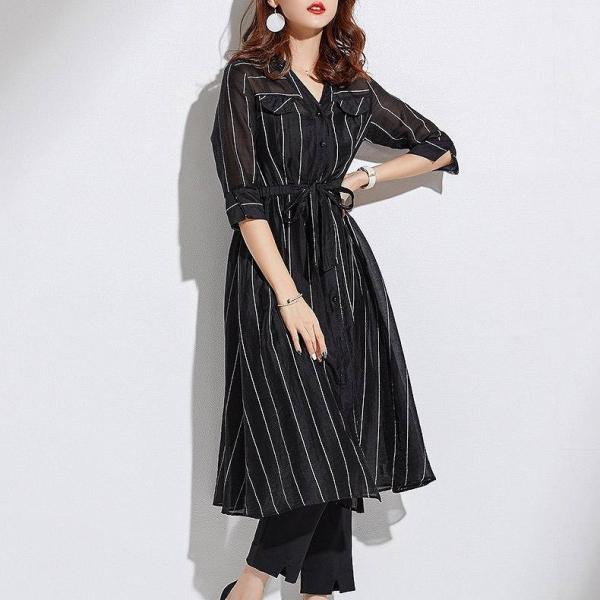 レディース シャツワンピース 五分袖 ミディ丈 ひざ下丈 Vネック ストライプ 春 夏 スカート カジュアル キュート 可愛い フェミニン きれいめ 上品 エレガント おしゃれ お出かけ お呼ばれ ホワイト ブラック S M L XL サイズ 送料無料