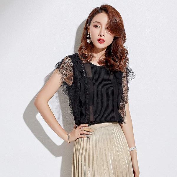 レディース ブラウス ノースリーブ キャップスリーブ レース 透け感 透け素材 シャツ 春 夏 トップス カジュアル 可愛い フェミニン きれいめ 上品 エレガント おしゃれ お出かけ オフィス デート デイリー セクシー ブラック 送料無料