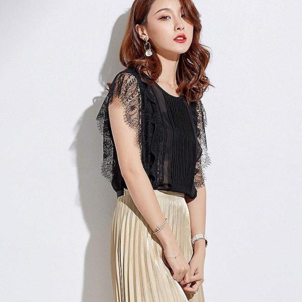 レディース ブラウス ノースリーブ キャップスリーブ レース 透け感 透け素材 シャツ 春 夏 トップス カジュアル 可愛い フェミニン きれいめ 上品 エレガント おしゃれ お出かけ オフィス デート デイリー セクシー ブラック 送料無料