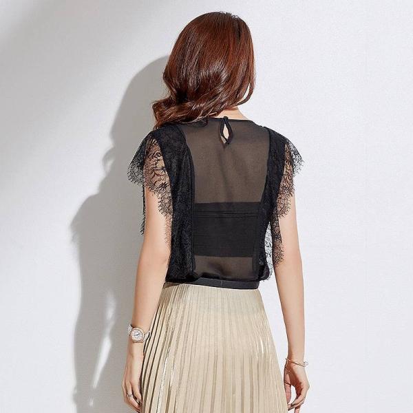 レディース ブラウス ノースリーブ キャップスリーブ レース 透け感 透け素材 シャツ 春 夏 トップス カジュアル 可愛い フェミニン きれいめ 上品 エレガント おしゃれ お出かけ オフィス デート デイリー セクシー ブラック 送料無料