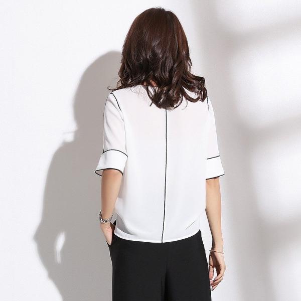 レディース シフォン ブラウス ラウンドネック 五分袖 シャツ 春 夏 トップス カジュアル キュート 可愛い フェミニン きれいめ 上品 エレガント おしゃれ お出かけ オフィス デート デイリー ホワイト ブラック ブルー グリーン 送料無料