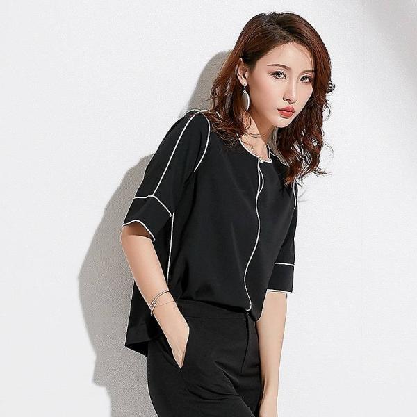 レディース シフォン ブラウス ラウンドネック 五分袖 シャツ 春 夏 トップス カジュアル キュート 可愛い フェミニン きれいめ 上品 エレガント おしゃれ お出かけ オフィス デート デイリー ホワイト ブラック ブルー グリーン 送料無料